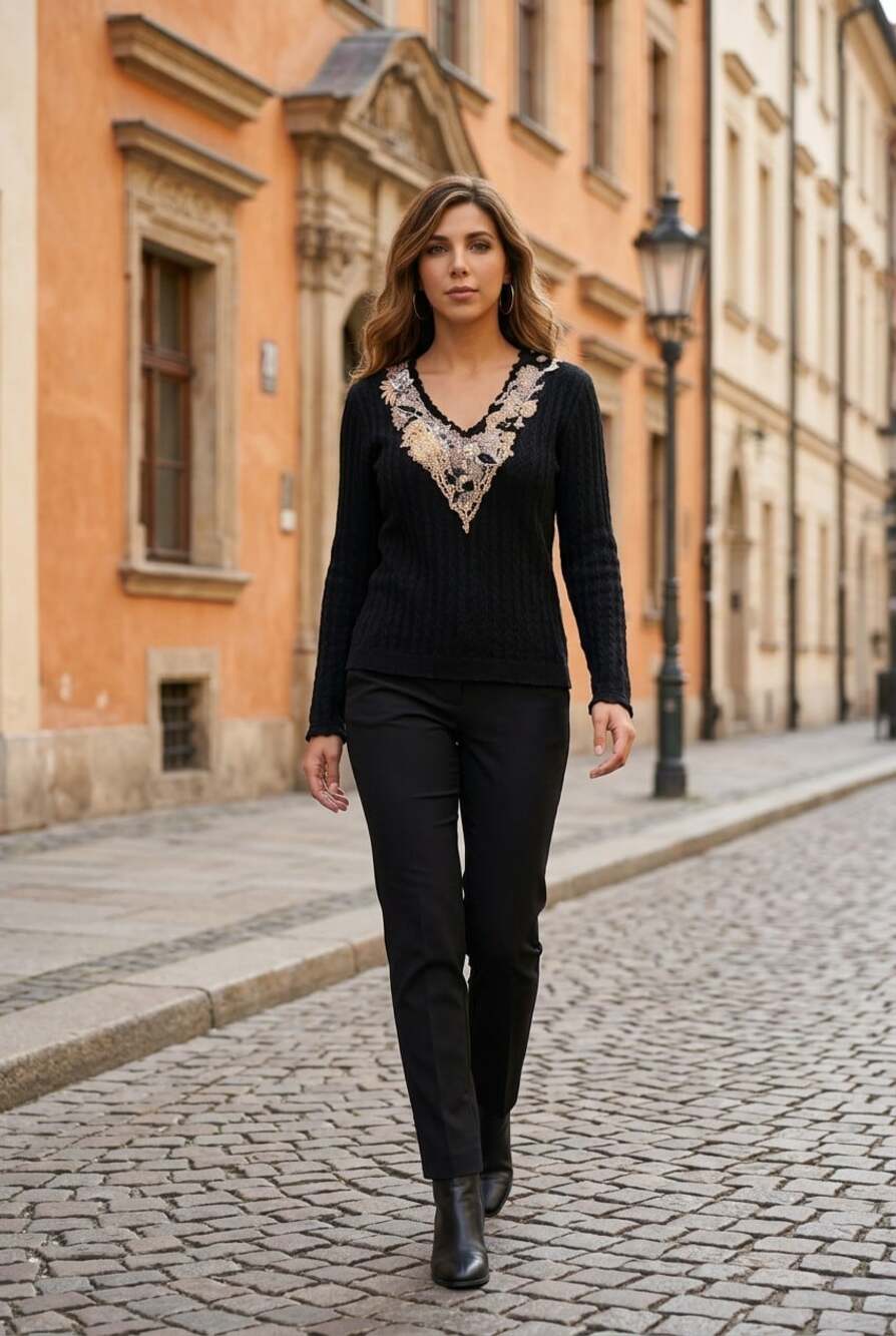 Phun Shirts Of California Applique Beads V Neck Ruffle Long-Sleeve Knit Tunic